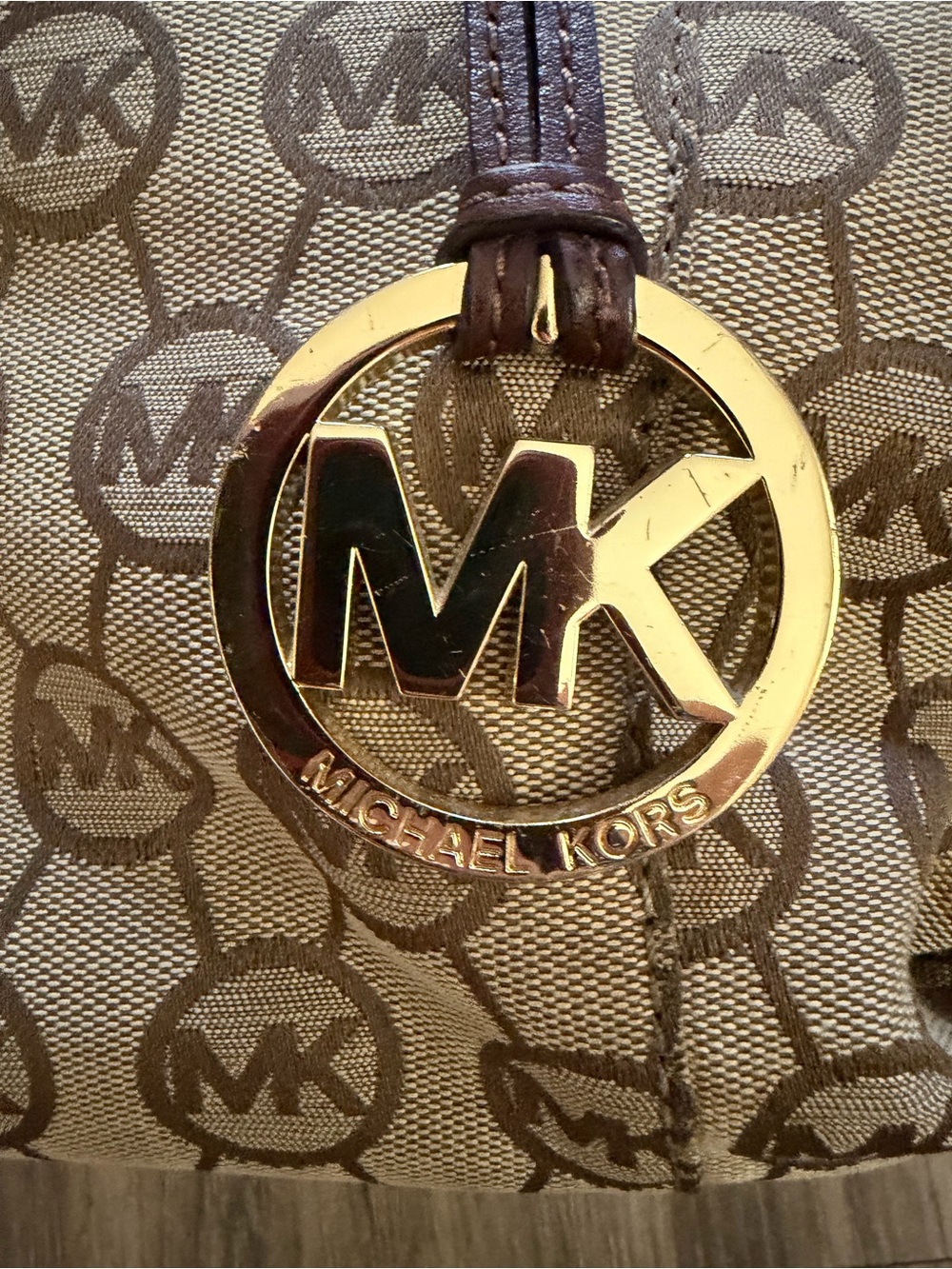 Michael Kors Tan Beige Logo Tote with Brown Leather Straps - Picture 2 of 4